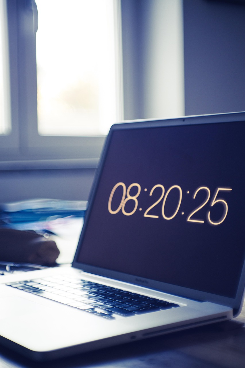 clock, computer, desk, electronics, laptop, screen, time, blue laptop, blue time, blue clock, blue desk